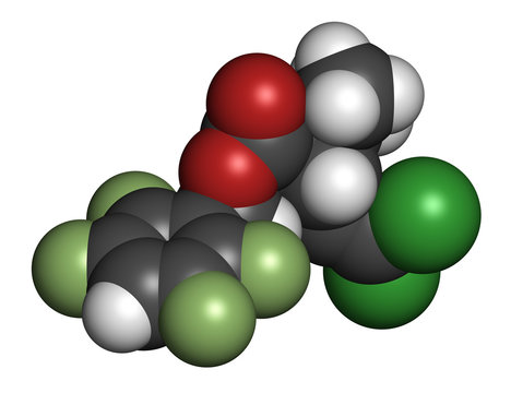 Transfluthrin insecticide molecule. 3D rendering. Atoms are represented as spheres with conventional color coding.