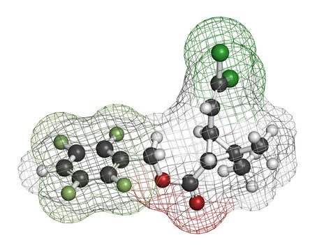 Transfluthrin insecticide molecule. 3D rendering. Atoms are represented as spheres with conventional color coding.