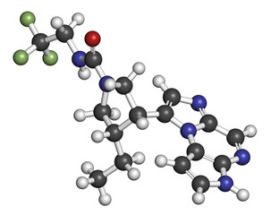 Upadacitinib drug molecule. Second generation janus kinase inhibitor with selectivity for JAK1. 3D rendering. Atoms are represented as spheres with conventional color coding.