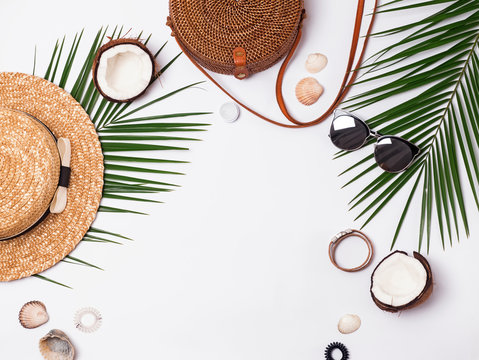Summer vacation accessories on the white background