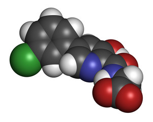 Vadadustat drug molecule.  3D rendering. Atoms are represented as spheres with conventional color coding: hydrogen (white), carbon (grey), nitrogen (blue), oxygen (red), chlorine (green).