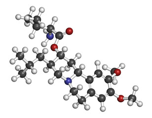 Valbenazine tardive dyskinesia drug molecule. 3D rendering. Atoms are represented as spheres with conventional color coding: hydrogen (white), carbon (grey), nitrogen (blue), oxygen (red).