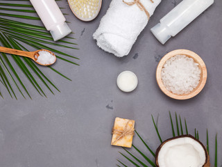 Coconut, brush and other spa related items, top view