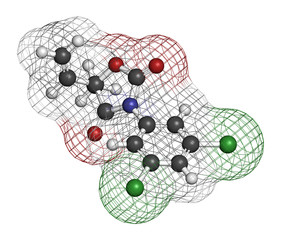 Vinclozolin fungicide molecule. 3D rendering. Atoms are represented as spheres with conventional color coding: hydrogen (white), carbon (grey), oxygen (red), nitrogen (blue), chlorine (green).