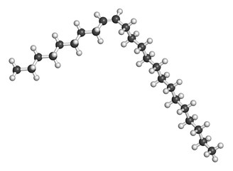 (Z)-9-Tricosene (muscalure) house fly sex pheromone molecule. Used to trap house fly. 3D rendering. Atoms are represented as spheres with conventional color coding: hydrogen (white), carbon (grey).