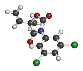 Vinclozolin fungicide molecule. 3D rendering. Atoms are represented as spheres with conventional color coding: hydrogen (white), carbon (grey), oxygen (red), nitrogen (blue), chlorine (green).
