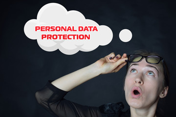 Above the businessman hangs a cloud with the inscription:PERSONAL DATA PROTECTION