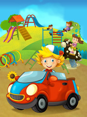 cartoon scene with happy and funny kids on the playground and in the car - illustration for children
