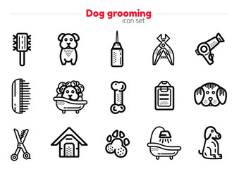 Set of dog grooming Line art Icons with sign of dog, bone, clipper, comb. Stylish animal equipment for your design - obrazy, fototapety, plakaty