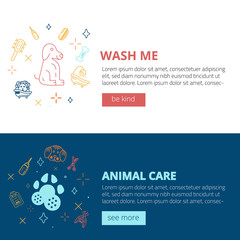 Set of dog care Line art banners with sign of dog, bone, clipper, comb. Stylish animal equipment for your promo design