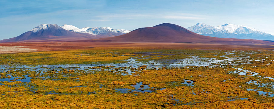Beautiful panoramic landscape with mountains. Altiplano at Atacama, Chile.
