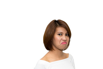 Fototapeta premium Beautiful asian woman make up angry face on white background, clipping path