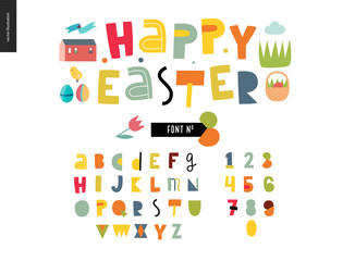 Kids flat alphabet set - Happy easter latin font - letters and digits