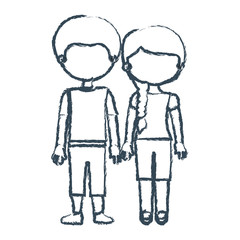 blurred blue contour faceless couple girl with side braid hair and boy in casual clothing and taken hands vector illustration