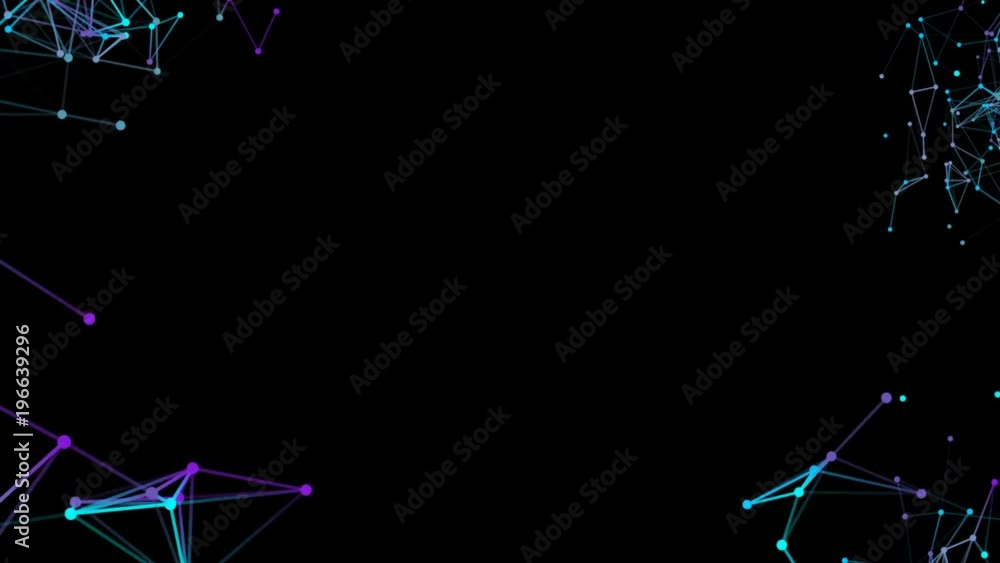 Poster molecular structures of different colors are transformed at the corners of the screen. black backgro
