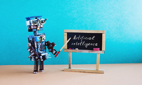 Artificial intelligence concept. Robot teacher explains modern theory. Classroom interior with handwritten quote on black chalkboard. Green brown interior background
