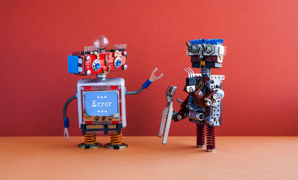 Robotic maintenance repair fix concept. IT specialist robot transformer with pliers, smiley face computer, error warning message on blue screen. Red wall, brown floor background.