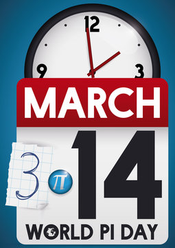 Calendar and Clock Promoting the Time to Celebrate Pi Day, Vector Illustration