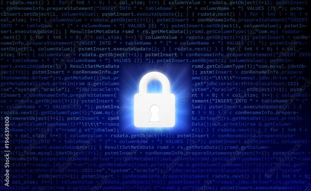 Poster data security and computer server network safety with a protection symbol of a lock with a keyhole