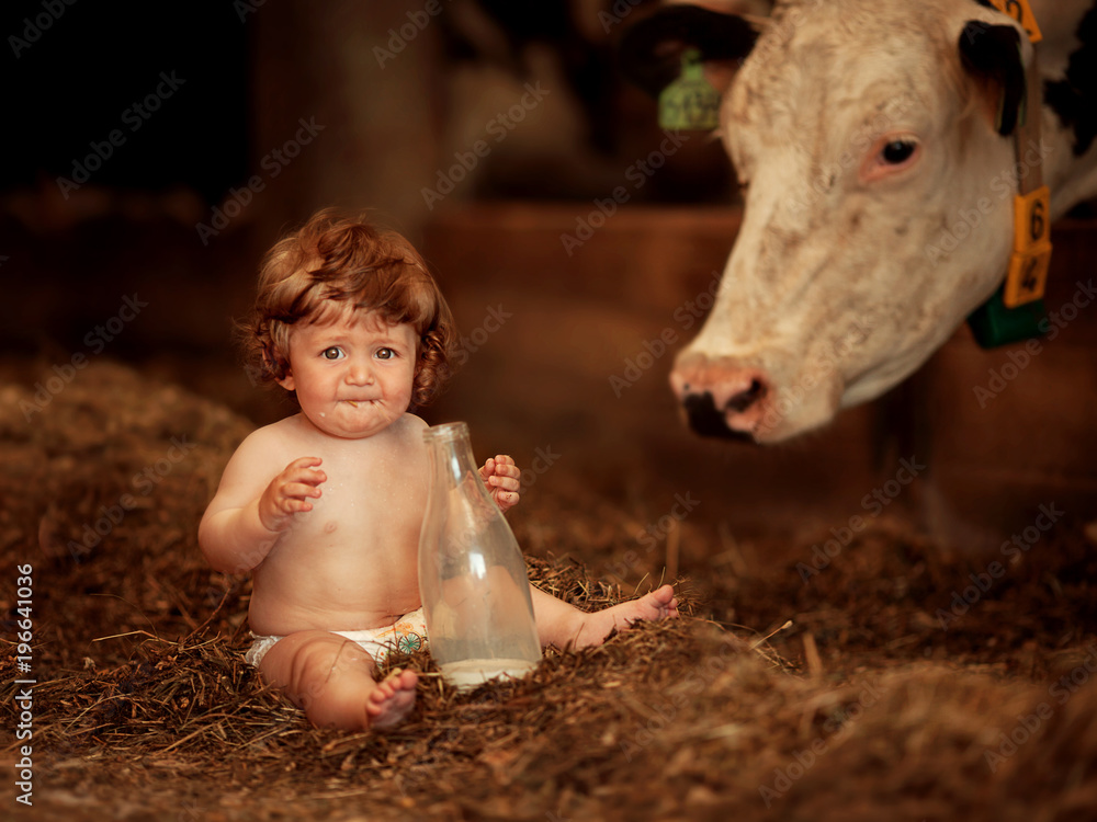 Wall mural little baby with cow