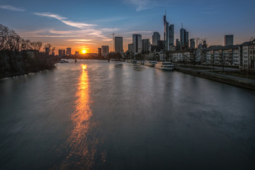 The skyline of the banking metropolis in Frankfurt am Main during a beautiful sunset. Frankfurt, Germany / 5 March 2018	
