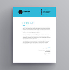 Elegant letterhead / cover letter template design in minimalist style - blue color header