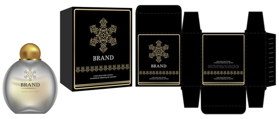 Fototapeta na wymiar Packaging design, Label on cosmetic container with black and gold luxury box template and mockup box. illustration vector.