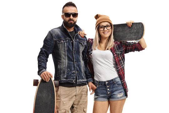 Male skater with a longboard and a female skater with a skateboard