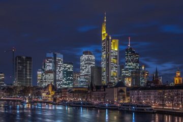 The skyline of the banking metropolis in Frankfurt am Main. Frankfurt, Germany / 5 March 2018 - obrazy, fototapety, plakaty