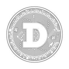 Crypto currency black coin with black dogecoin symbol on obverse isolated on white background. Vector illustration. Use for logos, print products, page and web decor or other design.