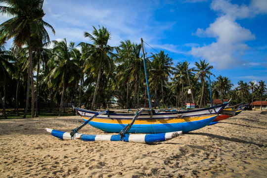 Bunte Fischerboote am Strand von Oluvil Sri Lanka
