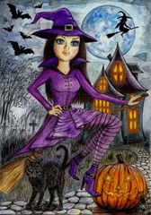 witch, pumpkin, cat, moon, halloween