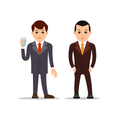 Business man. Businessman stand and holds glass of water in hand. Second businessman holds both hands in pockets. Set cartoon illustration isolated on white background in flat style