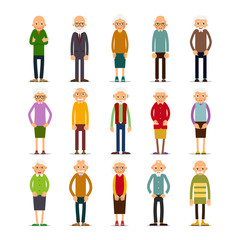 Old people. Set of diverse elderly people with avatars isolated on white background. Caucasian aged people. Elderly men and women. Illustration in flat style