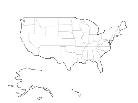 Blank black vector outline map of USA, United States of America.