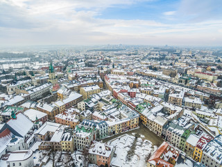 Zimowy krajobraz Lublina - Plac Po Farze, ulica Grodzka. Lublin - stare miasto z lotu ptaka. 