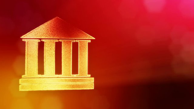 icon of bank. Financial background made of glow particles as vitrtual hologram. 3D seamless animation with depth of field, bokeh and copy space.. Red color v2..