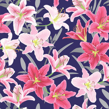 Seamless pattern of lilies flower on dark purple background. Vector set of blooming floral for holiday invitations, greeting card and fashion design.