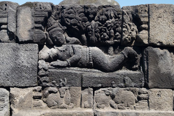 Highly detailed stone carving. Borobudur Buddhist temple. Java, Indonesia.