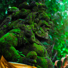 Naklejka na ściany i meble Barong Lion Guardian statue in front of Balinese Temple. Indonesia