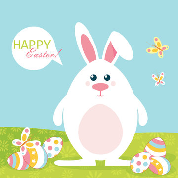 Happy easter. Easter bunnies and colorful eggs in a green field with an inscription. Vector.