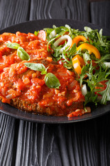 steak with pizzaiola sauce and fresh vegetable salad close-up on the table. vertical
