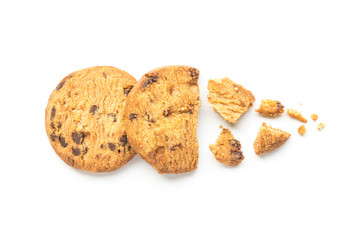 homemade chocolate chip cookies on white background in top view