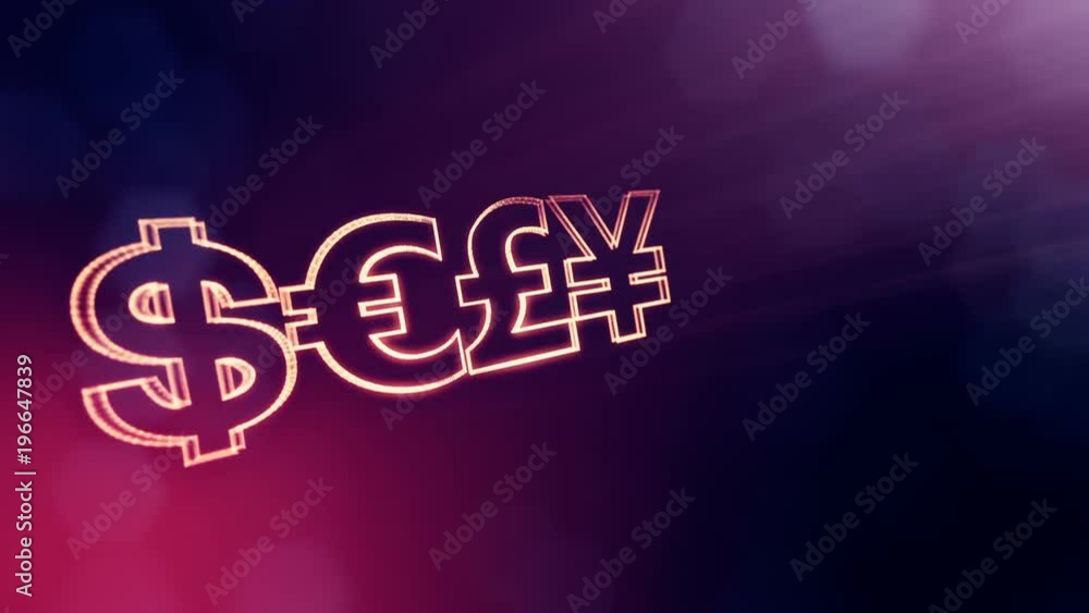 Aufkleber symbol bitcoin dollar euro pound and yen. financial background made of glow particles as vitrtual ho
