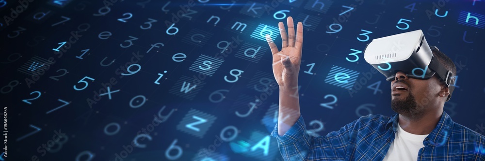 Poster composite image of man gesturing while using virtual reality
