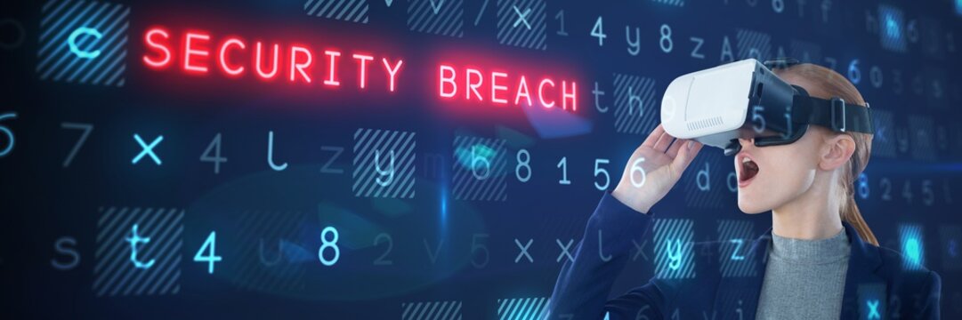 Composite image of surprised businesswoman wearing vr glasses