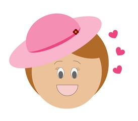 mulher branca sorrindo apaixonada com chapéu cor de rosa