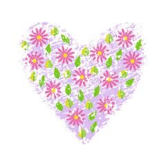 Spring flowers on heart grunge textured background. Vector illustration.