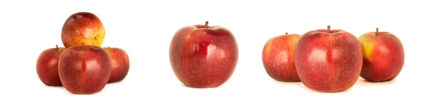Variety of ripe red apples Ligol isolate white background. Procurement under inscription and illustration