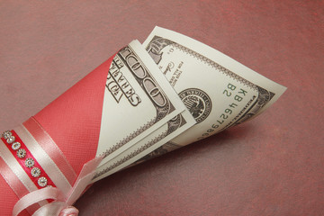 A hundred dollars in a roll on a red background, close-up. There is a place for text
